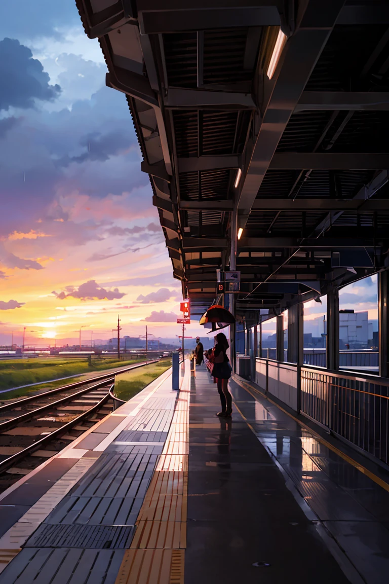 highest quality, beautiful vast plains, Lush, flower, earth, horizon, (Detailed modern station platform with a girl), cumulonimbus, Sunset, sudden rain, eki platform, shinkai makoto