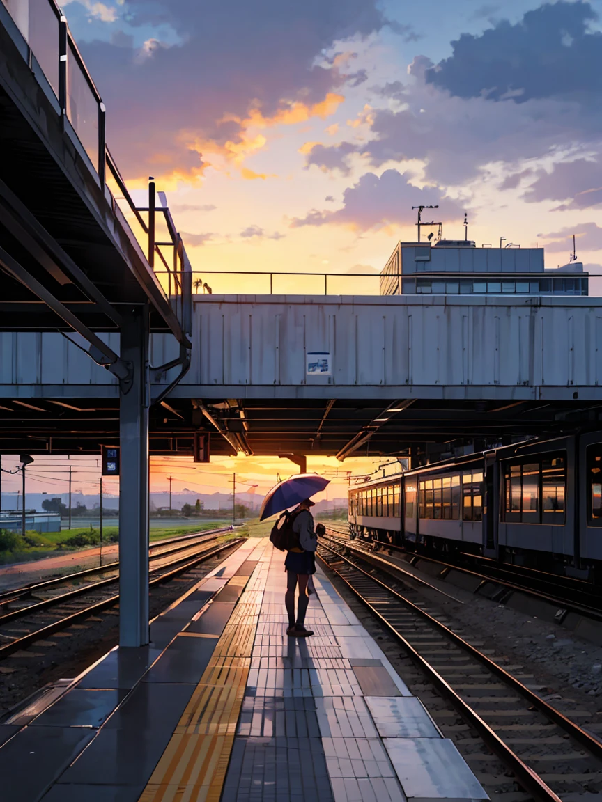 highest quality, beautiful vast plains, Lush, flower, earth, horizon, (Detailed modern station platform with a girl), cumulonimbus, Sunset, sudden rain, eki platform, shinkai makoto