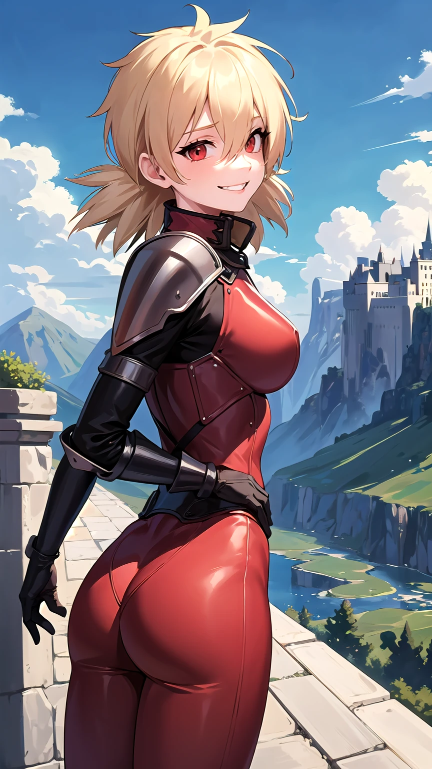 (masterpiece, best quality, detailed), 1girl, solo, seras victoria, hair over one eye, looking at viewer, 
armor, breastplate, armored dress, cape, gauntlets, shoulder armor, bodysuit, outdoors, mountain, castle, fantasy, scenery, sky, hands behind back, smirk, red eyes