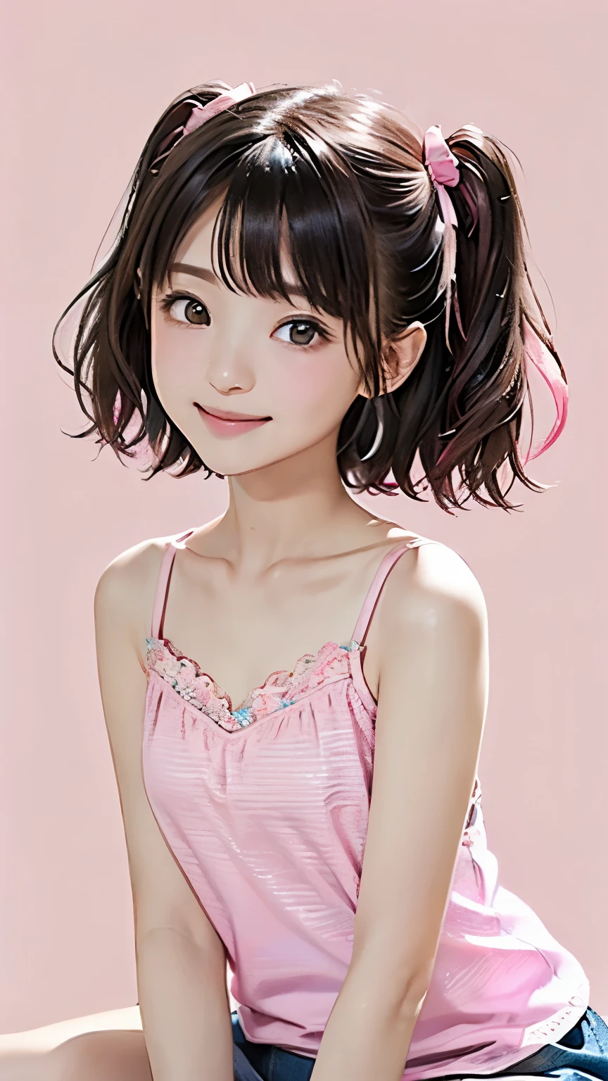 (((Meisterwerk))),((Top Qualität)),ein schönes japanisches Mädchen,14 Jahre alt、jung、bangs、welliges Haar、(((zwei Seiten nach oben:1.5)))、Kurzes Haar、schwarzes Haar、braune Augen、schwermuetige Augen、lächeln、(Der Hintergrund ist schlicht)、Minirock、(rosa Leibchen:1.5)、barfuß