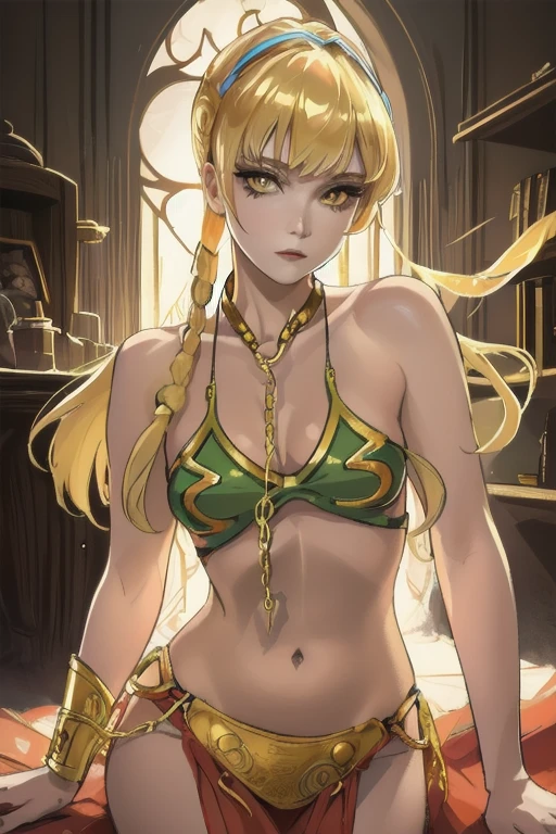 (Étoile), (cheveux blond, les yeux jaunes, frange), mince, concept_princesse_Léia_or_bikini_proprewaifu,www.proprewaifu.avec, rideau pelvien, clivage, pagne, brassard, Armure de bikini, collier, Bracelet, bikini, or chain, cosplayer, costume alternatif, à l&#39;intérieur, donjon,, (chef-d&#39;œuvre:1.2), (tir du haut du corps:1),(tir de cow-boy:1.2), éclairage au néon, éclairage romantique sombre, (très détaillé:1.2),(Visage détaillé:1.2), (dégradés), Coloré, yeux détaillés, (éclairage naturel:1.2), (pose dynamique:1.2), (seulement, une personne, 1fille:1.5),