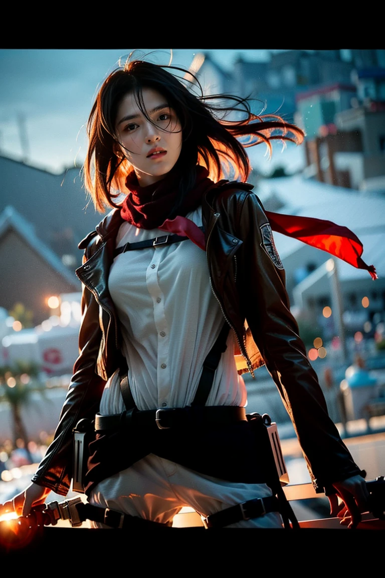 mikasa ackerman, Female action anime girl, badass posture, big smile, happy face, attack on titans, Female protagonist 👀 :8, rogue anime girl, anime figure, (Attack on Titan anime), trigger anime artstyle，1girl， dynamic angle， splashart, Complete shot of the charming Amish male silk weaver， CEL shadows， velvet， ribbons， offcial art， Unity 8k wallpaper， ultra - detailed， aesthetics， tmasterpiece， best qualtiy， Photorealistic