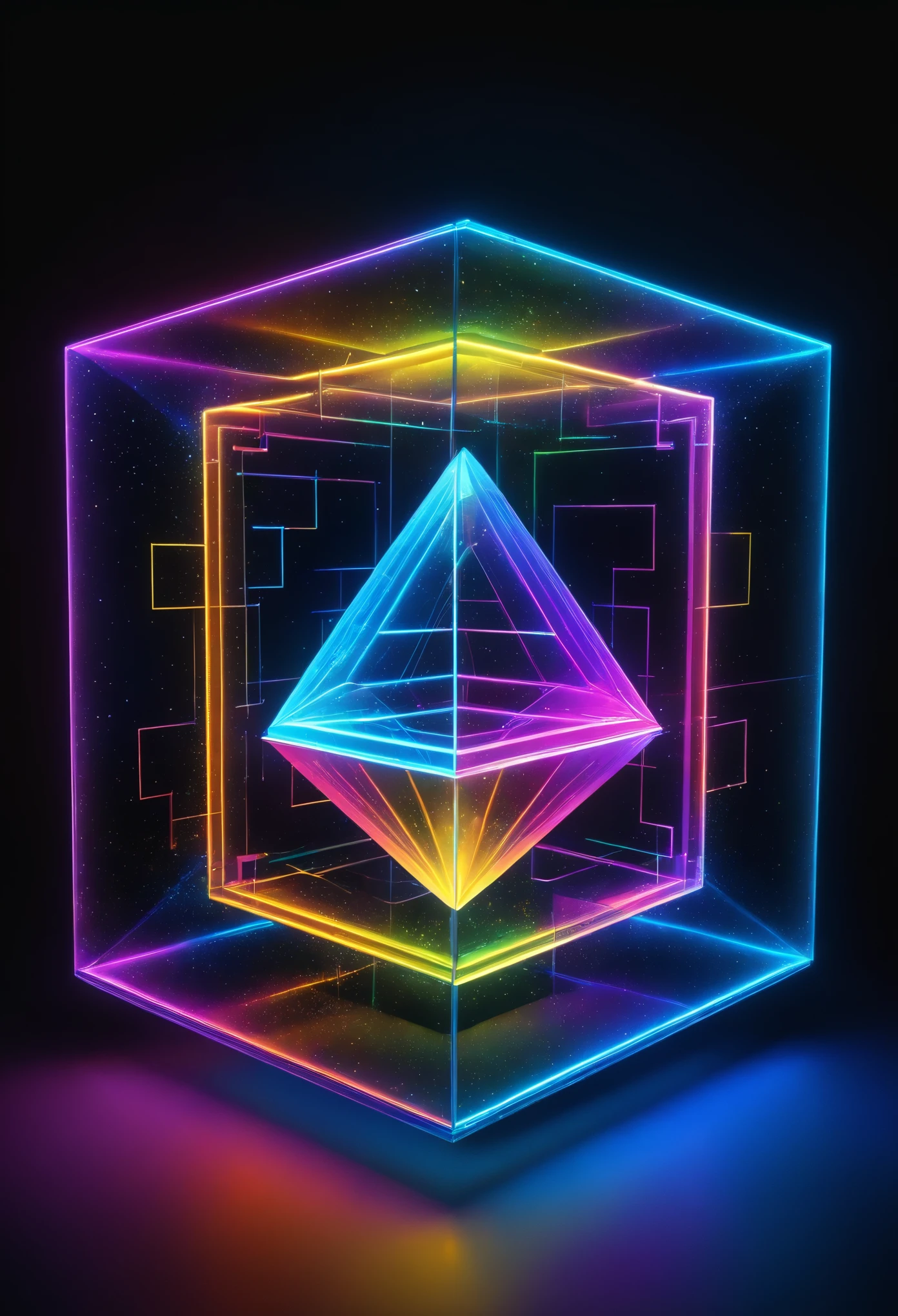 holography, draw in neon colors ((巨大なgeometryオブジェクト)): geometry: ((floating)), transparent, three dimensional, light, SF, Digital art, Digital, scientific, dark background: electronic circuit: draw in neon colors, 3D, masterpiece, Digital空間, energy, beautiful, masterpiece, 8K, light, become familiar with, lively, colorful, nice, beautiful, rich colors, beautiful Light Lines. magic effect, Sparkling, beautiful Light Grains,geometry模様,works of art,Consists of squares and triangles