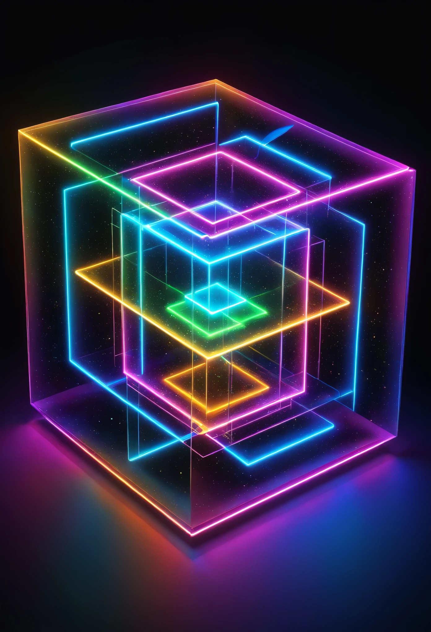 holography, draw in neon colors ((巨大なgeometryオブジェクト)): geometry: ((floating)), transparent, three dimensional, light, SF, Digital art, Digital, scientific, dark background: electronic circuit: draw in neon colors, 3D, masterpiece, Digital空間, energy, beautiful, masterpiece, 8K, light, become familiar with, lively, colorful, nice, beautiful, rich colors, beautiful Light Lines. magic effect, Sparkling, beautiful Light Grains,geometry模様,works of art,Consists of squares and triangles