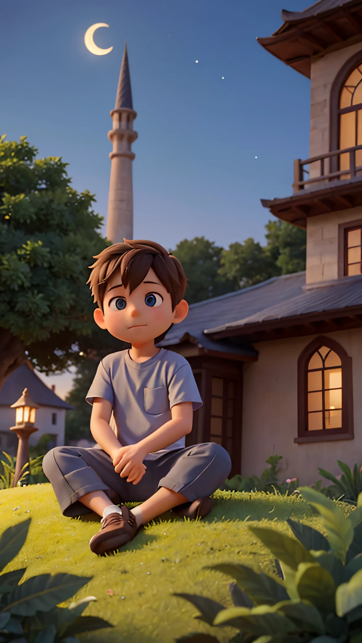 A boy wearing a gray shirt and loose pants and wearing a peci is sitting on top of a hill and leaning against a lush tree, he is looking down at the houses in the countryside and also the illuminated mosque, the situation at night is bright and the crescent moon is bright, this illustration is seen from behind. 