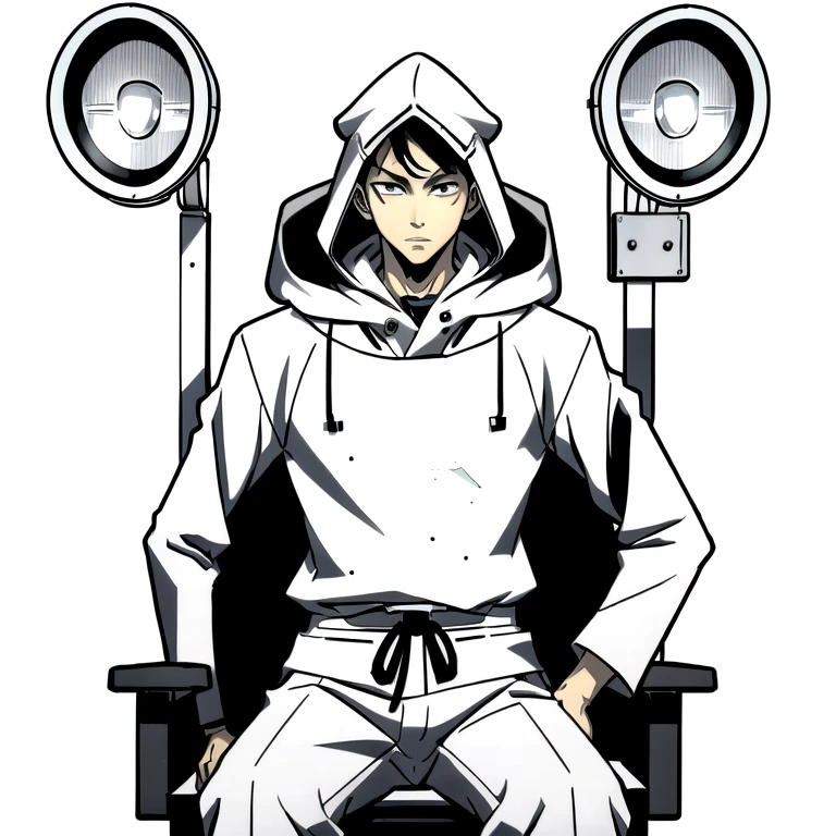 (best quality: 1.5, masterpiece, minimalist, whitebackground: 2, black and white, anime), 1 boy, 1 teenager, upperbody, lineart, itadori yuji, front view, traffic light, fulbody, portrait, edgCultist, man sitting on a chair, hood on: 2