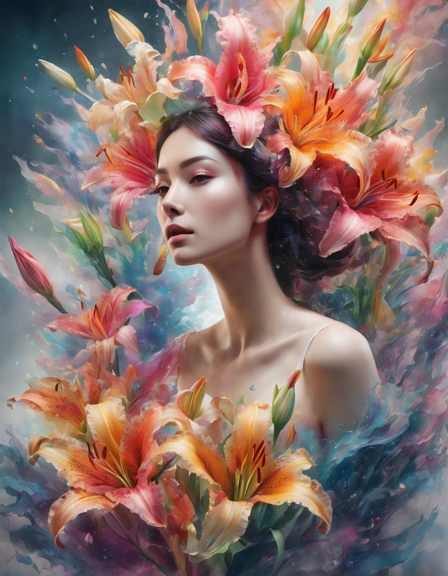 double contact，An explosion of rainbow-colored translucent lilies，Realistic girl，（the lilies：1.1）Rendered by Octane，unreal-engine，Rococo paper cutting，aquarelle，