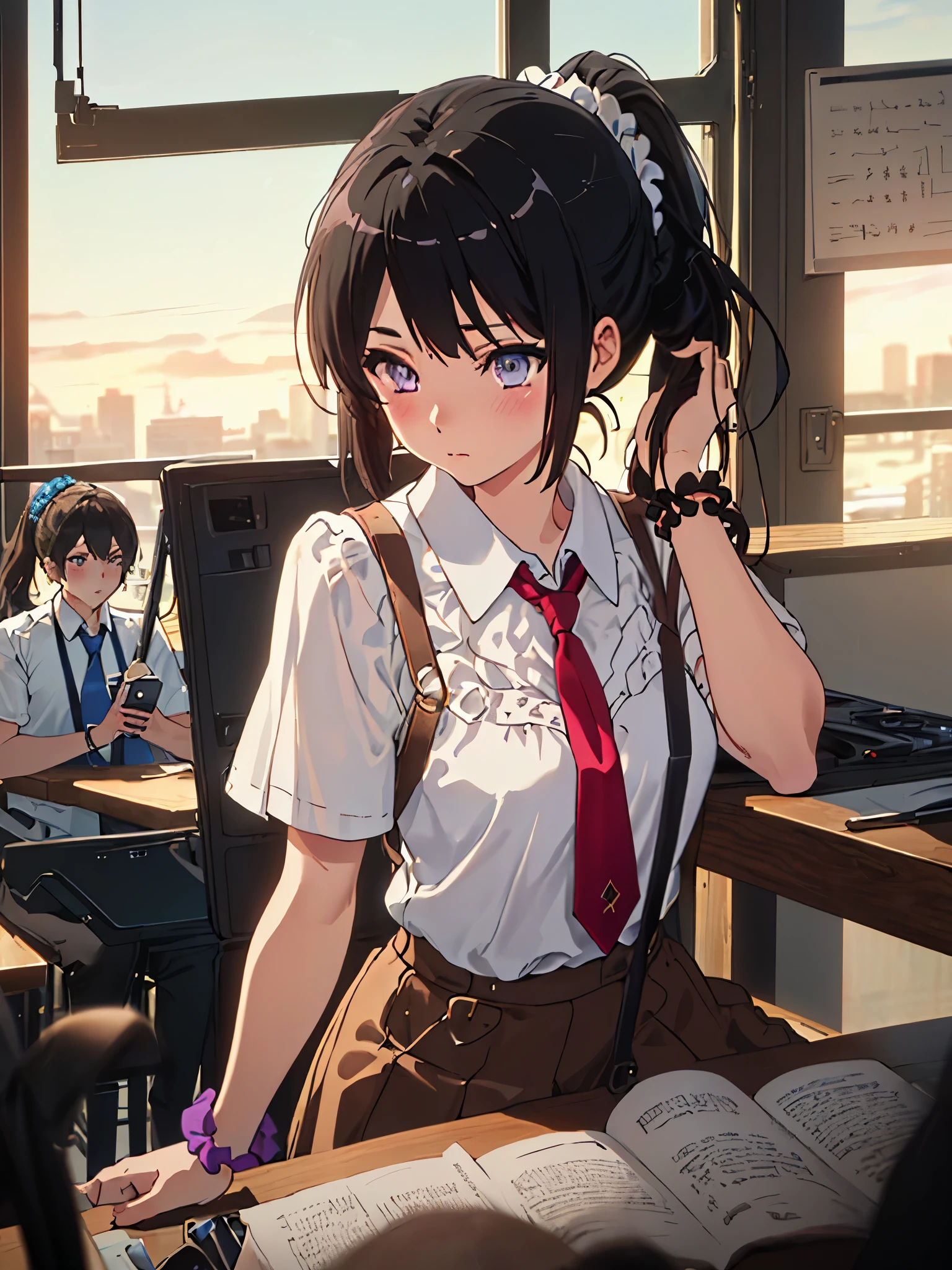 solo, {kousaka_reina_soundeuphonium:1.15}, black hair, long hair, purple eyes, blush, bangs, closed mouth, ponytail, 
BREAK (brown vest, shirt, hair ornament, , white shirt, ponytail, short sleeves, necktie, scrunchie, red necktie, hair scrunchie:1.2)
BREAK (masterpiece:1.2), best quality, high resolution, unity 8k wallpaper, (illustration:0.8), (beautiful detailed eyes:1.6), extremely detailed face, perfect lighting, extremely detailed CG, (perfect hands, perfect anatomy),