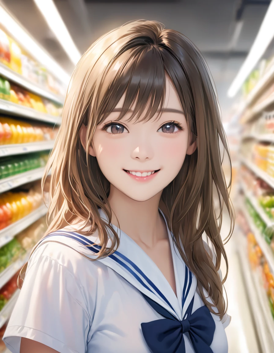 1 girl, Happy, smile, (at the supermarket:1.2), ((school uniform:1.2)), Raw photo, (photorealistic:1.37, realistic), High-definition CG integrated 8K wallpaper, looking at the viewer, (((straight from the front))), (headquarters skin:1.8, shiny skin), 8k uh,  soft lighting, high quality, film grain, ((Upper body:1.6)), (professional lighting:1.6)、（blush：1.5）