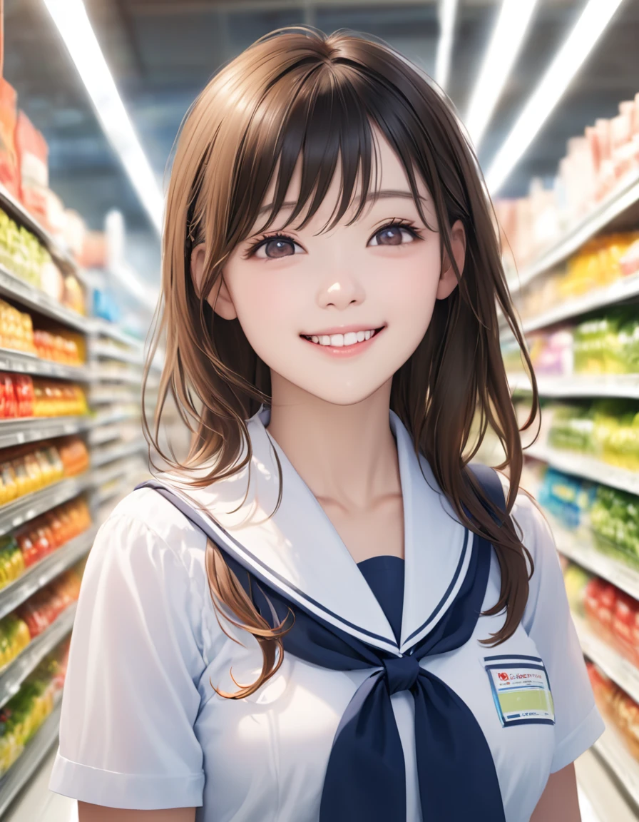 1 girl, Happy, smile, (at the supermarket:1.2), ((school uniform:1.2)), Raw photo, (photorealistic:1.37, realistic), High-definition CG integrated 8K wallpaper, looking at the viewer, (((straight from the front))), (headquarters skin:1.8, shiny skin), 8k uh,  soft lighting, high quality, film grain, ((Upper body:1.6)), (professional lighting:1.6)、（blush：1.5）