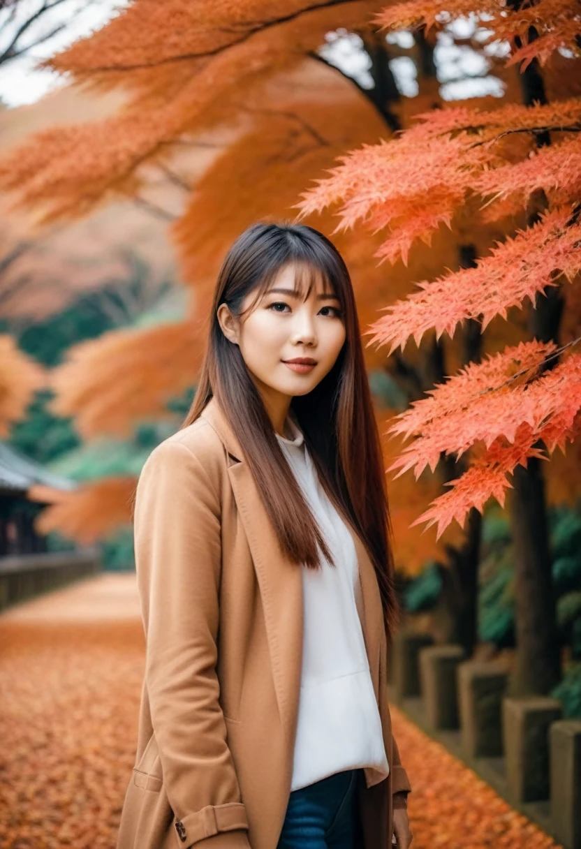 “Mulher asiática com longo, direto, cabelo elegante explorando o Japão durante a encantadora temporada de outono.”imagem fotográfica voltada para a câmera. melhor qualidade