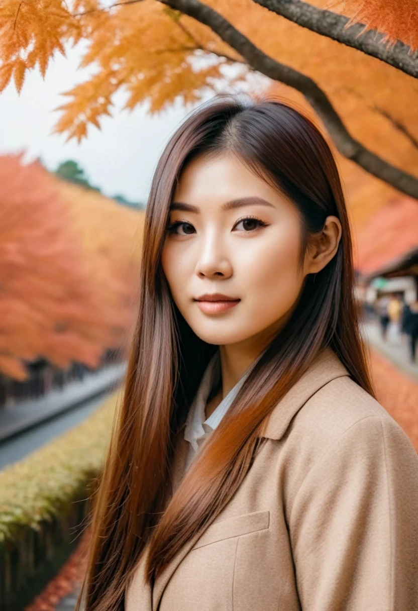 “Mujer asiática con largo, derecho, cabello limpio explorando Japón durante la encantadora temporada de otoño.”Imagen fotográfica frente a la cámara.. mejor calidad