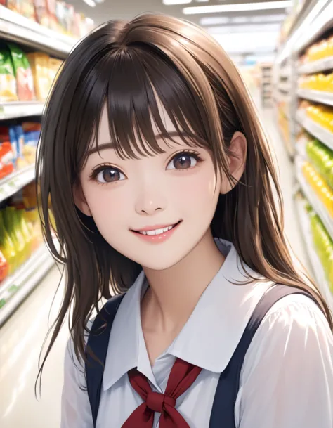 1 girl, happy, smile, (at the supermarket:1.2), ((school uniform:1.2)), raw photo, (photorealistic:1.37, realistic), high-defini...