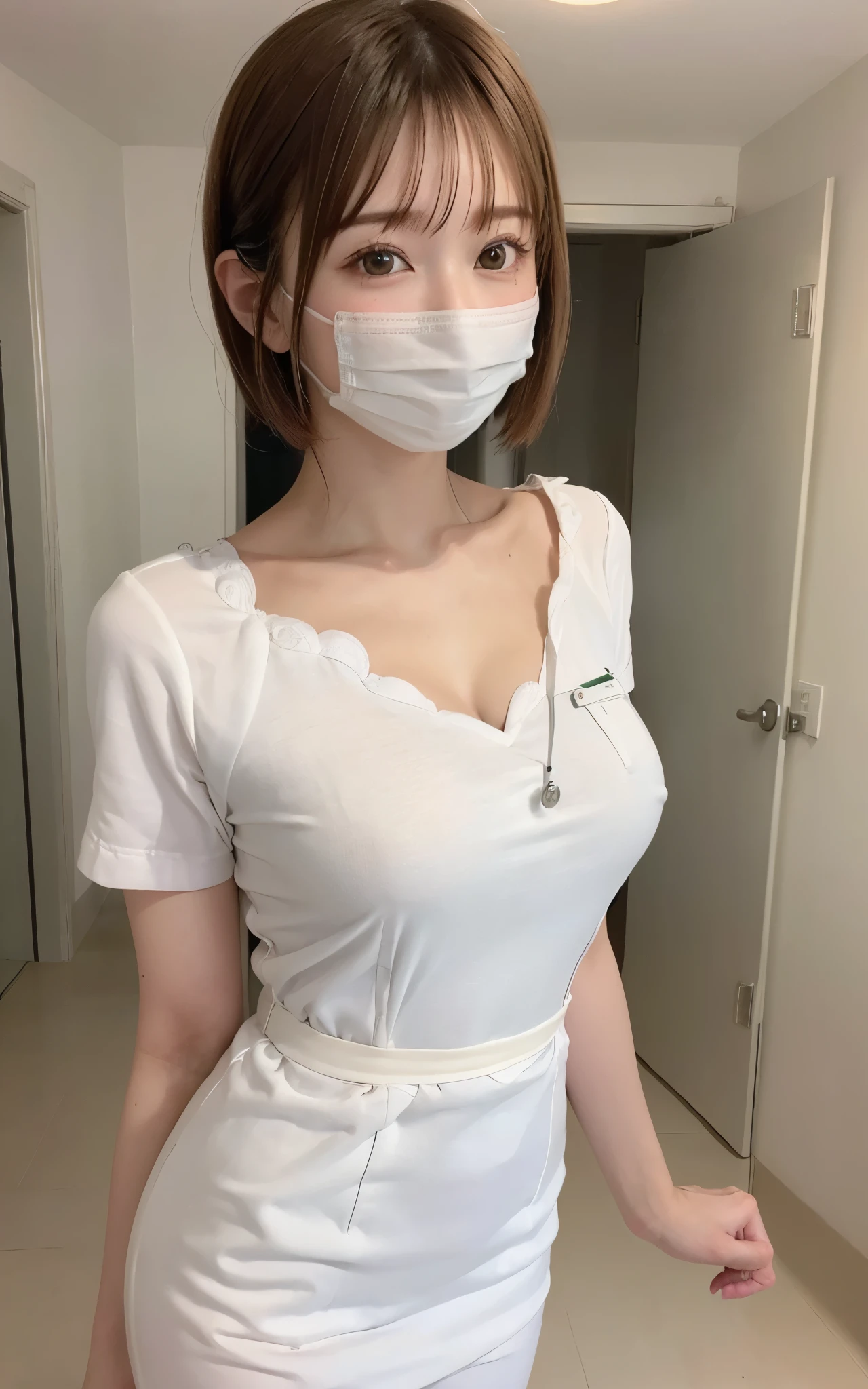 1 girl,(Wearing white nurse clothes:1.2),(RAW photo, highest quality), (realistic, photo-realistic:1.4), masterpiece, very delicate and beautiful, very detailed, 2k wallpaper, wonderful, finely, very detailed CG unity 8k wallpaper, Super detailed, High resolution, soft light, beautiful detailed girl, very detailed eyes and face, beautifully detailed nose, finely beautiful eyes, nurse, perfect anatomy, black hair, up style, nurse uniform, ((white mask)), long skirt, nurse, white costume, thin, hospital, clear, white uniform, hospital room, auscultation of the neck,bob cut