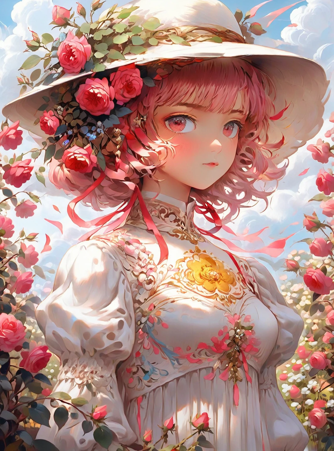 (masterpiece, highest quality), 1 girl, flower, alone, dress, holding, null, cloud, have, outdoor, bangs, flower束, Rose, No expression, blush, pink hair, flower field, red flower, pink eyes, white dress, looking at the viewer, medium hair, holding flower, small breasts, red Rose, holding flower束, sun have, white hat, Depth of the bounds written,((full body)),