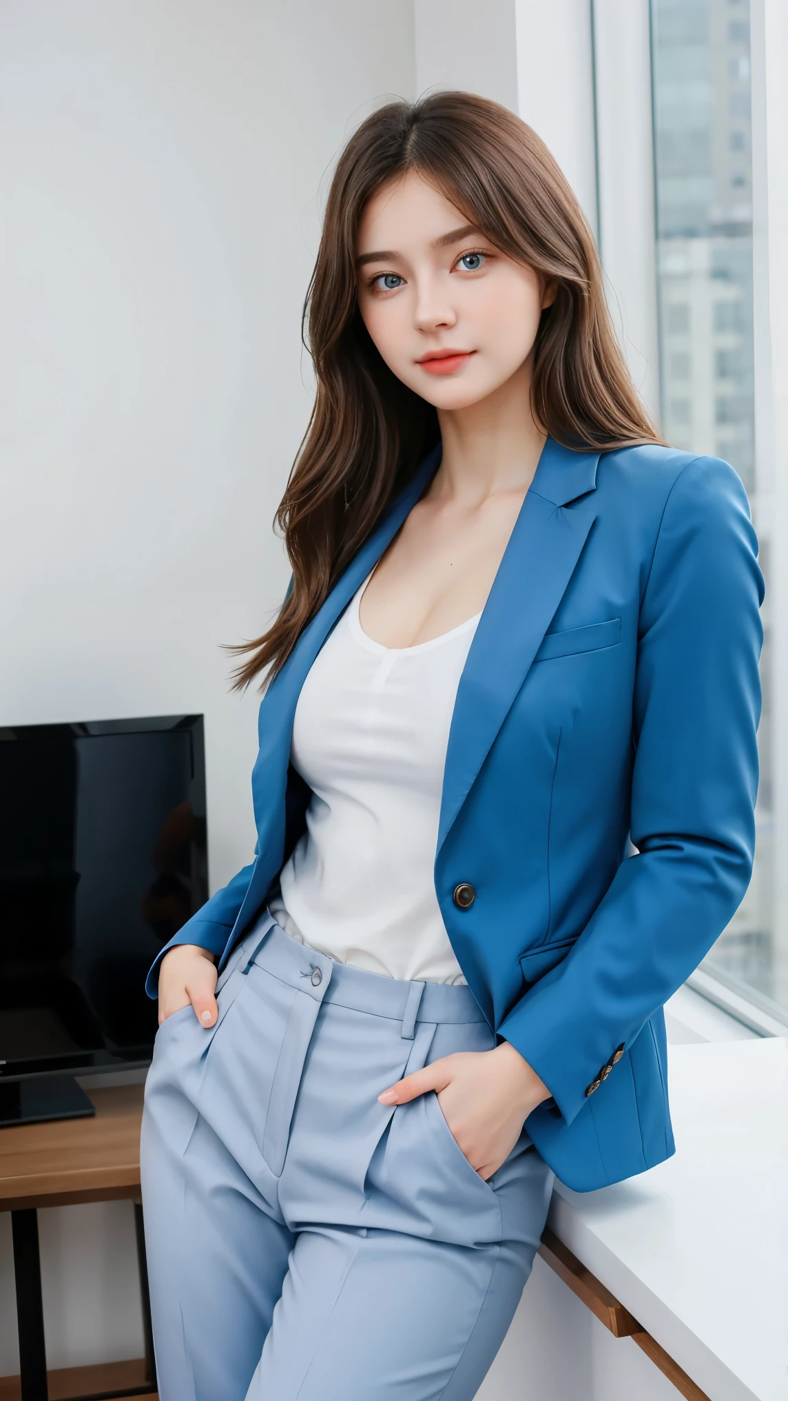 Gorgeus Girl, Beautiful, Baby Face, 20 Years Old, White Skin, Beside, Sexy Pose, business suits, Blue Eye, Muscles, Bokeh, Modern living room Background, Masterpiece, Fullbody Shot, woman trousers, blazers