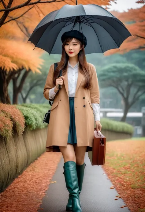 “Asian woman, neatly detailed long hair, beret hat, carrying an umbrella ☂️ wearing shoes 👢 boots, looking full body exploring J...