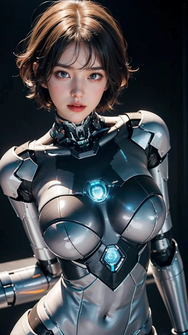 一个 21oy 白色机器人女孩, 漂亮的脸蛋, 短发, 性感身材, 全身, 机器人复合乳房, 性感的肚子, 机械臂细节, 详细机械腿, 未来背景