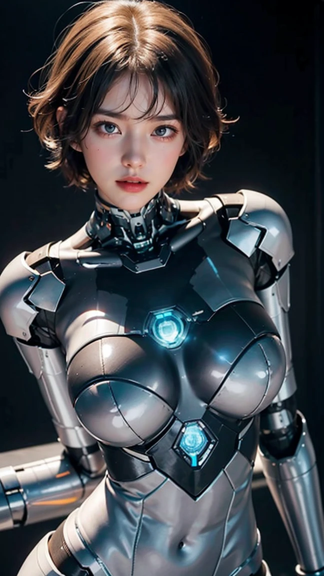 a 21oy white robot girl, beautiful face, short hair, sexy body, full body, robotic complex breast, sexy stomach, detail robotic arms, detail robotic legs, futuristics background