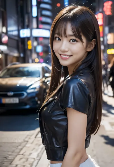 (((city:1.3, outdoor,photographed from the front))), ((long hair:1.3,leather,japanese woman,smile,cute)), (clean, natural makeup...