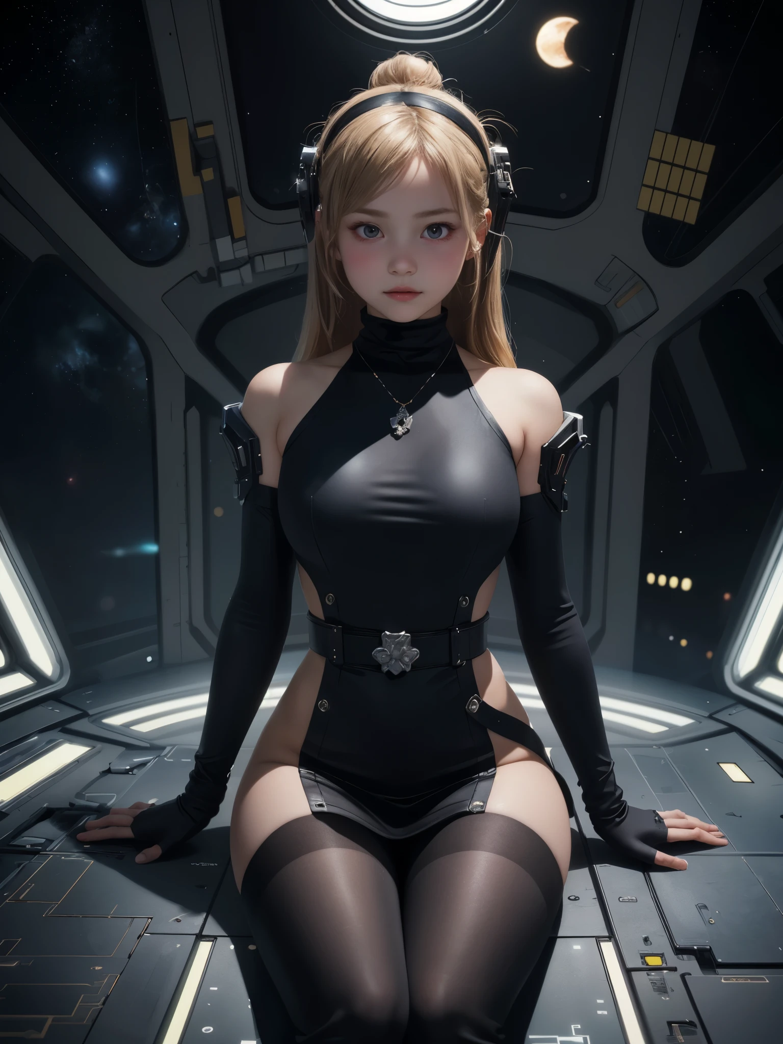 a girl sitting in space ship cockpit, BREAK, 1girl, modern space age theme, very long red twintails hair, tight turtleneck mini dress, thigh, thigh high heel boots, glove, detailed face, cute head band set, red blush, shoulder pad, control panel belt, waist shot, intricate, elegant, wearing sapphire necklace, sensual night gown, facing camera, highly detailed, digital painting, artstation, concept art, smooth, sharp focus, illustration, art by artgerm and greg rutkowski and alphonse mucha, 8k, volumetric fog, bloom, light rays, lumen, cranked bokeh, facing front, front view, adorable, youthful, juvenile, stunning, unreal beauty, fresh, (large breasts:1.2), (11yo, cute:1.6)