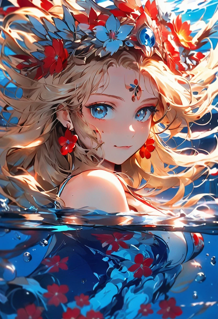 ((masterpiece))、((highest quality)、(Super detailed)、8K、Delicate depictions captured in anime style。
(night)、(very long hair、Blond hair and bright blue eyes、）(Forehead out:1.2)、Her blue eyes are highlighted。
The overall tone has become brighter、she is smiling。exterior々光あふれるnight pool, summer, Bikini with red floral pattern,frills、 right in front of、 wicked smile, leaning forward, (spray sheet:1.1), Floating water droplets, 
(((night pool))、((wonderful.))