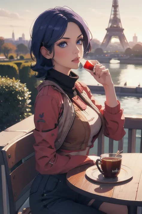 (masterpiece, best quality:1.2),  athenabl, 1girl, solo, breasts, drinking tea, eiffel tower background, wearing a red turtlenec...