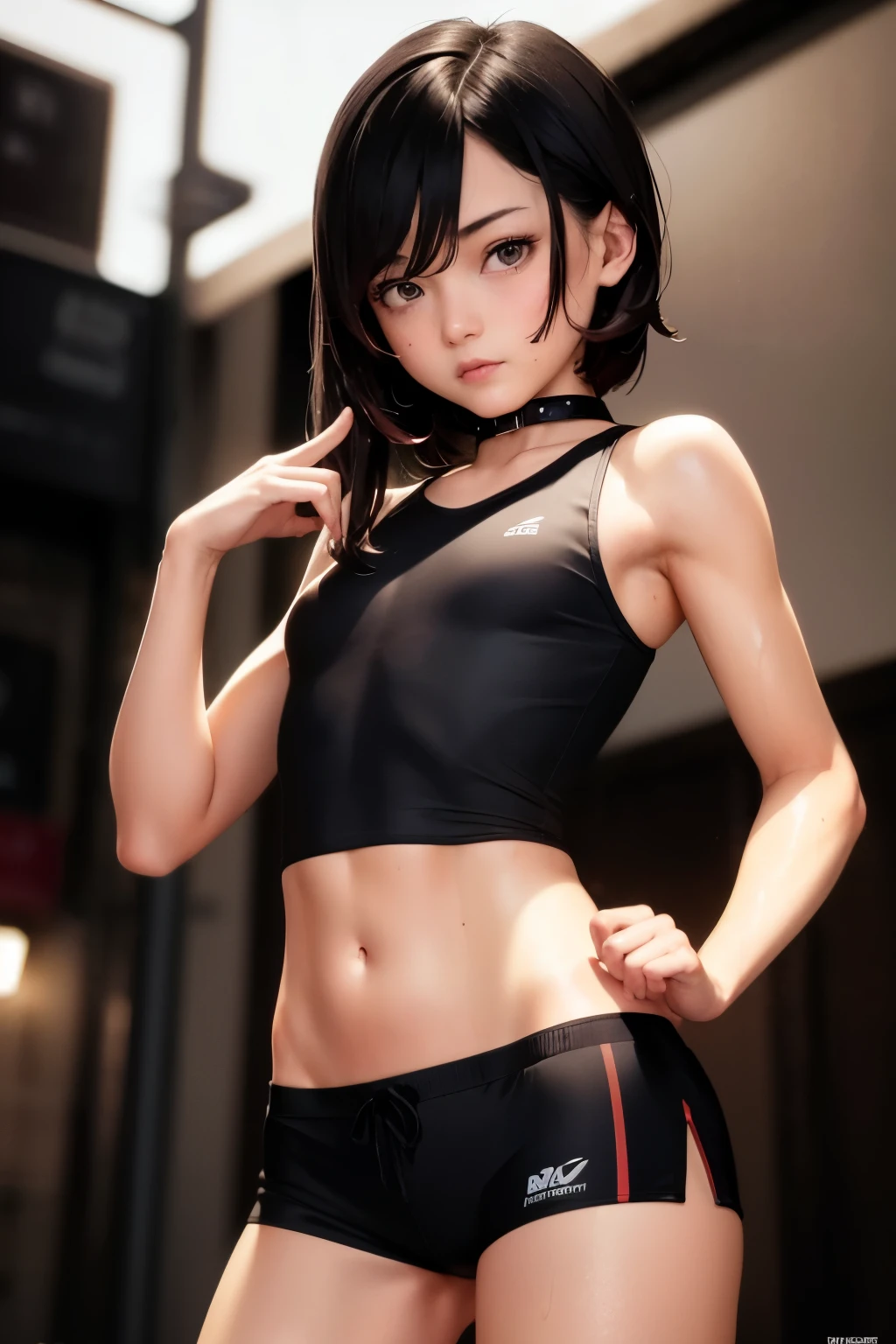 ((Flat chest, tomboy girls, 13 year old, small head)), nighttime, moonlight, (chiseled abs : 1.1), (perfect body : 1.1), (short wavy hair : 1.2) , black hair, collar, full body shot, crowded street, wearing short thin black tanktop, ((red tight athletic short shorts)), (extremely detailed CG 8k wallpaper), (an extremely delicate and beautiful), (masterpiece), (best quality:1.0), (ultra highres:1.0),  beautiful lighting ,perfect lightning, realistic shadows, [highres], detailed skin, ultra-detailed, wet skin, wet clothes,  wet hair, nude