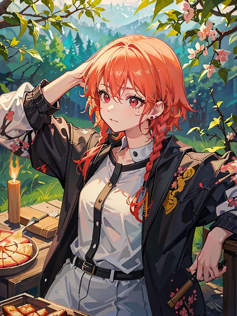 (best quality,4k,highres,masterpiece:1.2),(realistic,photorealistic:1.37),a girl camping in the spring with cherry blossoms, her hair in a unique two-tone color, sparkling and detailed eyes, delicate freckles on her cheeks, expressive red eyes, ear piercings that add to her cool style, surrounded by the vibrant colors of nature. She is preparing a delicious campfire meal with fresh ingredients, using a frying pan to toast bread over the crackling firewood. The sun shines warmly, casting a golden glow on the scene. The atmosphere is peaceful and joyful, capturing the essence of a perfect camping experience.