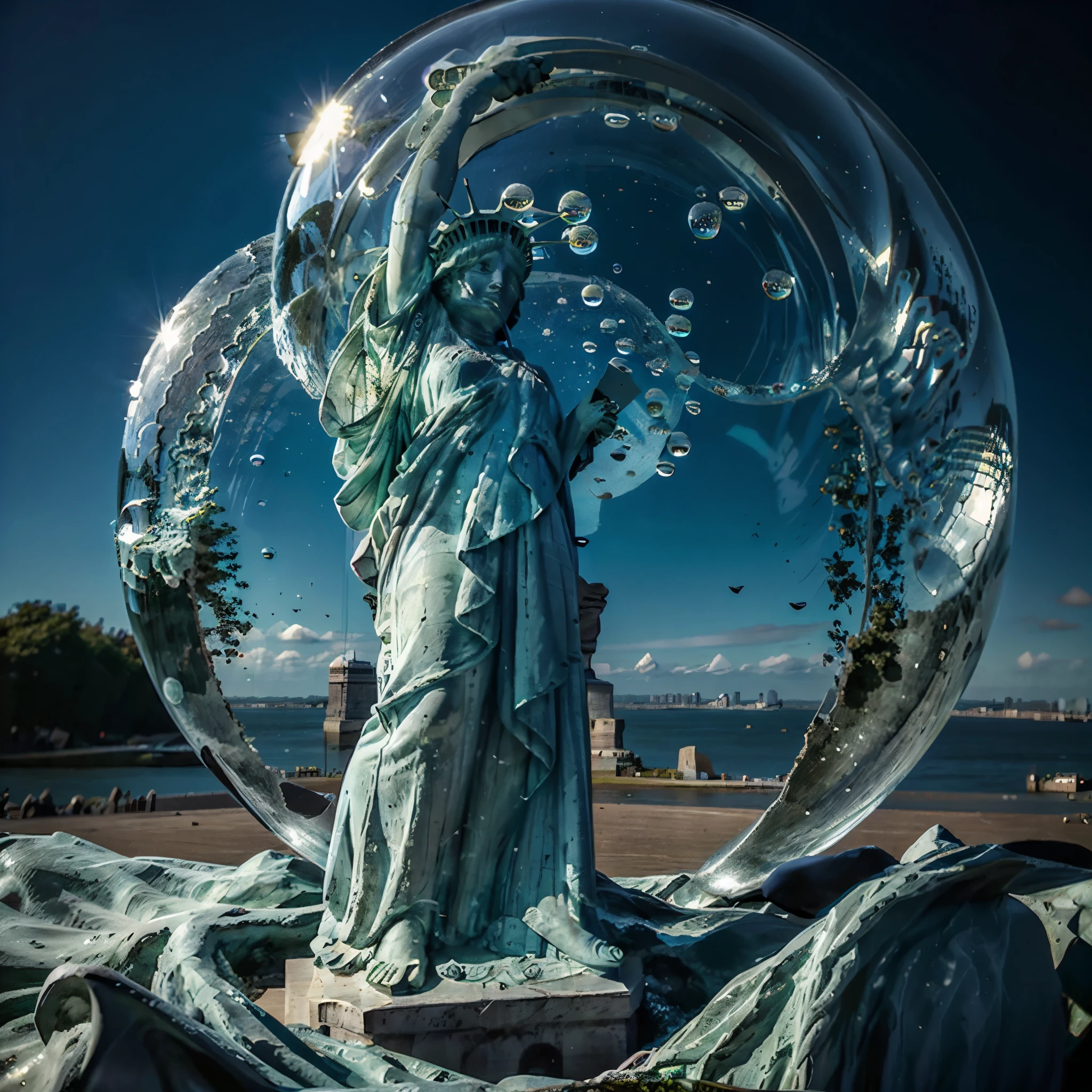 Bubblerealm, Senhora Liberdade, Estátua da Liberdade em uma bolha. A Estátua da Liberdade está curvada para chorar, ((Estátua chorando)), Obra de arte, qualidade máxima, fotorrealista, Um hiper-realista