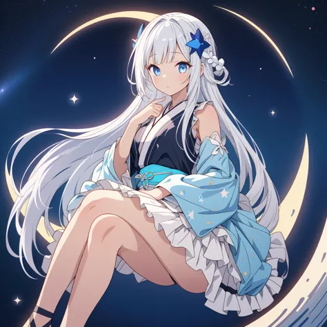 sitting on the crescent moon、(masterpiece, best quality), 1girl,  1girl、vtuber-fullbody、star fairy、「a beautifully printed galaxy...