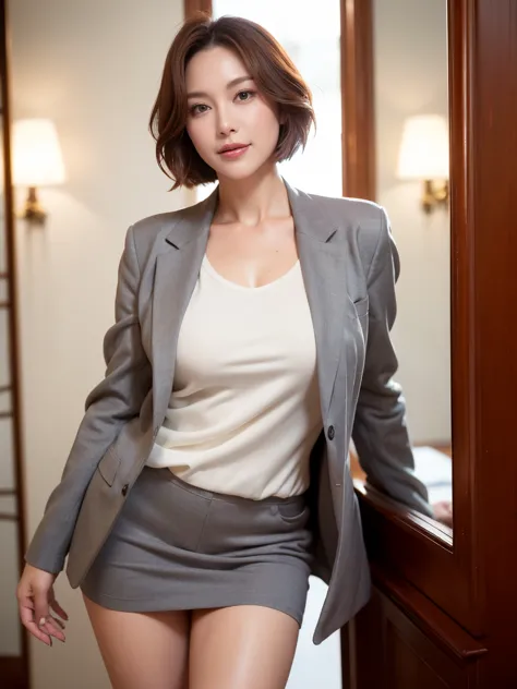 masterpiece,highest quality, (1 milf、42 years old), ((close:0.5)), ((Cross Arm)), glare, gray blazer, white shirt, double eyelid, eyelash, lip gloss, (smile:1), ((close your eyes:0.85)), ((looking at the viewer、The whole body is reflected、Are standing)), t...
