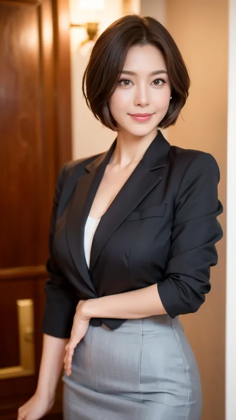 masterpiece,highest quality, (mature woman、42 years old), ((close:0.5)), ((Cross Arm)), glare, （gray blazer）, （white shirt：1.2）, （pencil skirt：1.4）double eyelid, eyelash, lip gloss, (smile:1), ((close your eyes:0.85)), ((looking at the viewer、The whole bod...