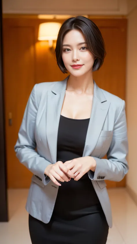 masterpiece,highest quality, (mature woman、42 years old),  glare, （gray blazer）, （white shirt：1.2）, （black pencil skirt：1.4）、double eyelid, eyelash, lip gloss, (smile:1),  (looking at the viewer、The whole body is reflected、Are standing), （Modern hotel lobb...