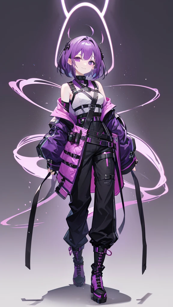 purple hair,girl,1 person,medium hair,No sleeve,Harness,pants,boots,simple background,smile,whole body,full body,standing position,Standing picture,vtuber,front,Eyes on the viewer,Focus your gaze on the front,arm to the side