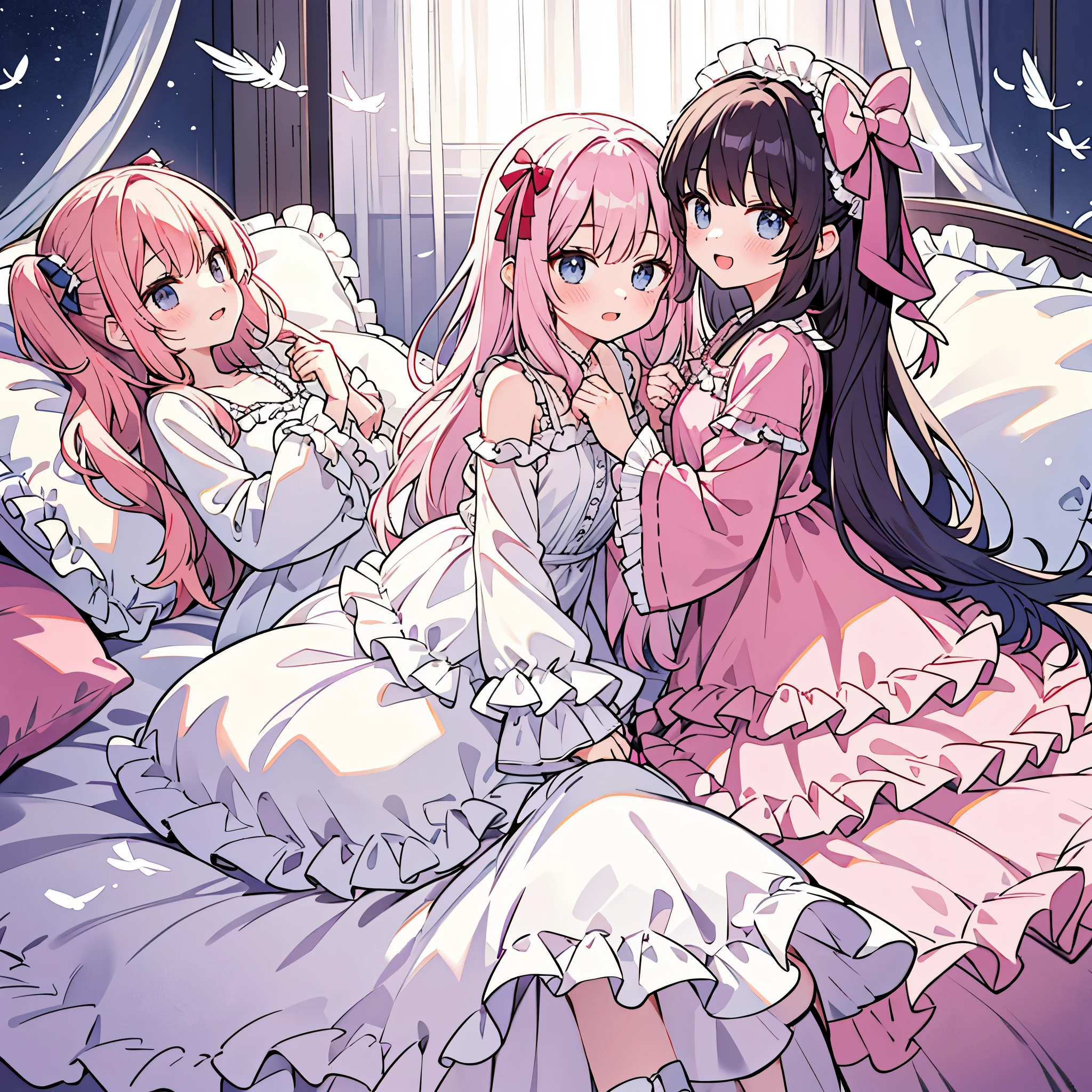 ,pajama party,happy girls,(pillow fight on the bed),((Girls holding pillows),(Many small feathers flutter)),((A long-sleeved, long-skirted nightgown with frills and ribbons)),Lolita style fashion,On a huge, wide canopy bed,Many frilly pillows on the bed,Ruffled Bed Skirt,Frilled curtains around the bed,detailed face,