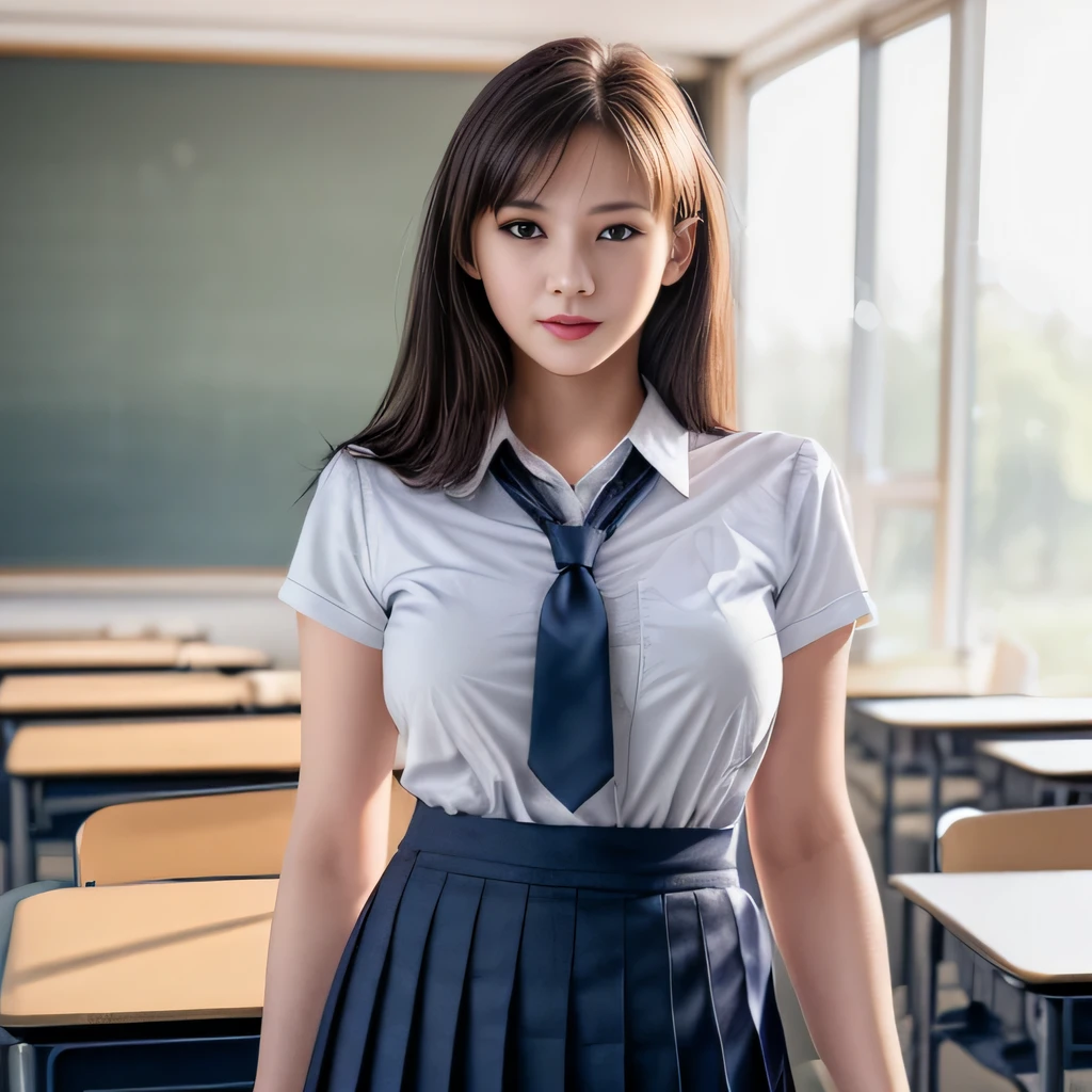 25 year old female, mature woman, ((In the classroom)), ((school uniform)), Raw photo, (photorealistic: 1.37, realistic), Highly detailed unified CG 8K wallpaper, 1 girl, (((perfect body: 1.1)), (medium breasts: 1.2), looking at the viewer, (((straight from the front)))), (headquarters skin:1.2, shiny skin), 8k uh, Digital single-lens reflex camera, soft lighting, high quality, film grain, Fujifilm XT3, ((full body:  0.8)), (professional lighting:1.4) ,
