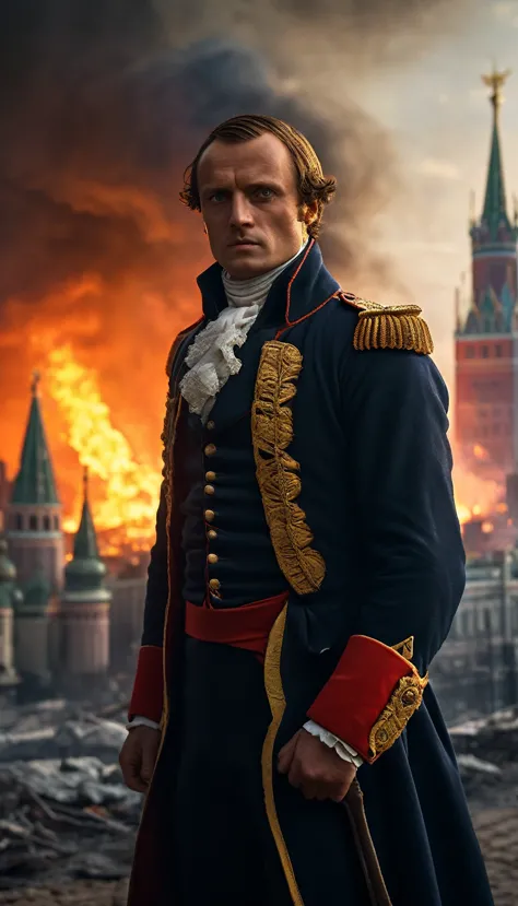 Illustrate Napoleon standing before the empty and burning city of Moscow.
Show the flames engulfing buildings in the background,...