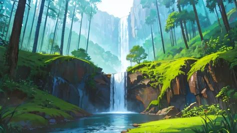 Painting of a waterfall with a rainbow in the middle of it, rainbow river waterfall, with trees and waterfalls, ethereal rainbow...