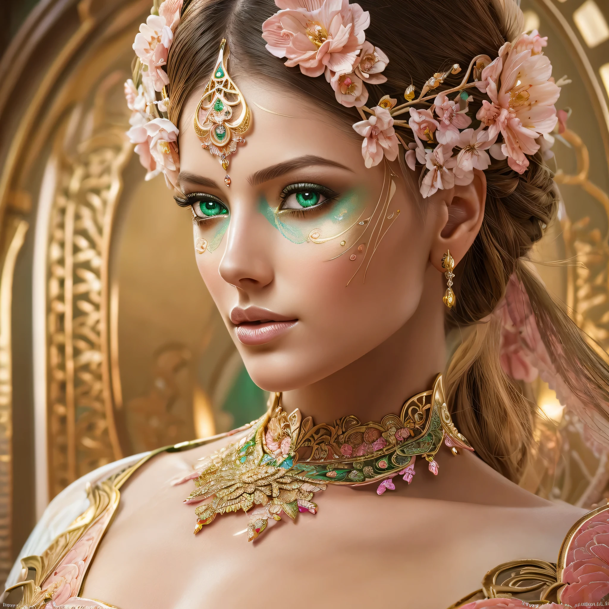 beautiful highly detailed image, beyond realistic image, 32k Resolution, of the most beautiful women in the world, wearing the most beautiful dress, symmetrical beautiful highly detailed face, beautiful highly detailed hands, highly detailed dress, ultra realistic, beautiful highly detailed green eyes, perfect lips,, (symmetry:1.1) (portrait of floral:1.05) a woman as a beautiful goddess, (assassins creed style:0.8), pink and gold and opal color scheme, beautiful intricate filegrid facepaint, intricate, elegant, highly detailed, digital painting, artstation, concept art, smooth, sharp focus, illustration, art by greg rutkowski and alphonse mucha, 8k