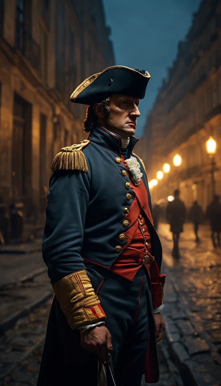 Depict Napoleon's expression as one of frustration and uncertainty as he realizes the city is deserted, background dark, hyper realistic, ultra detailed hyper realistic, photorealistic, Studio Lighting, reflections, dynamic pose, Cinematic, Color Grading, Photography, Shot on 50mm lens, Ultra-Wide Angle, Depth of Field, hyper-detailed, beautifully color, 8k