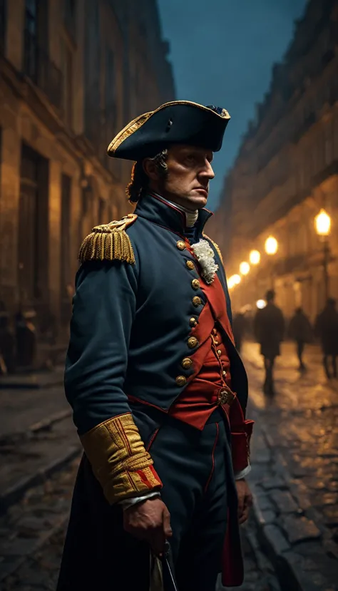 Depict Napoleon's expression as one of frustration and uncertainty as he realizes the city is deserted, background dark, hyper r...
