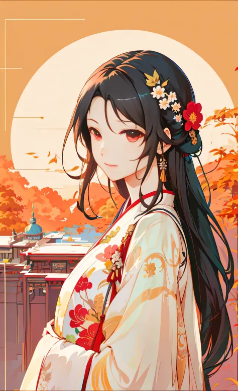 there is a woman with long hair，a flower in the hair, guweiz style artwork, palace ， a girl wearing hanfu, beautiful figure pain...