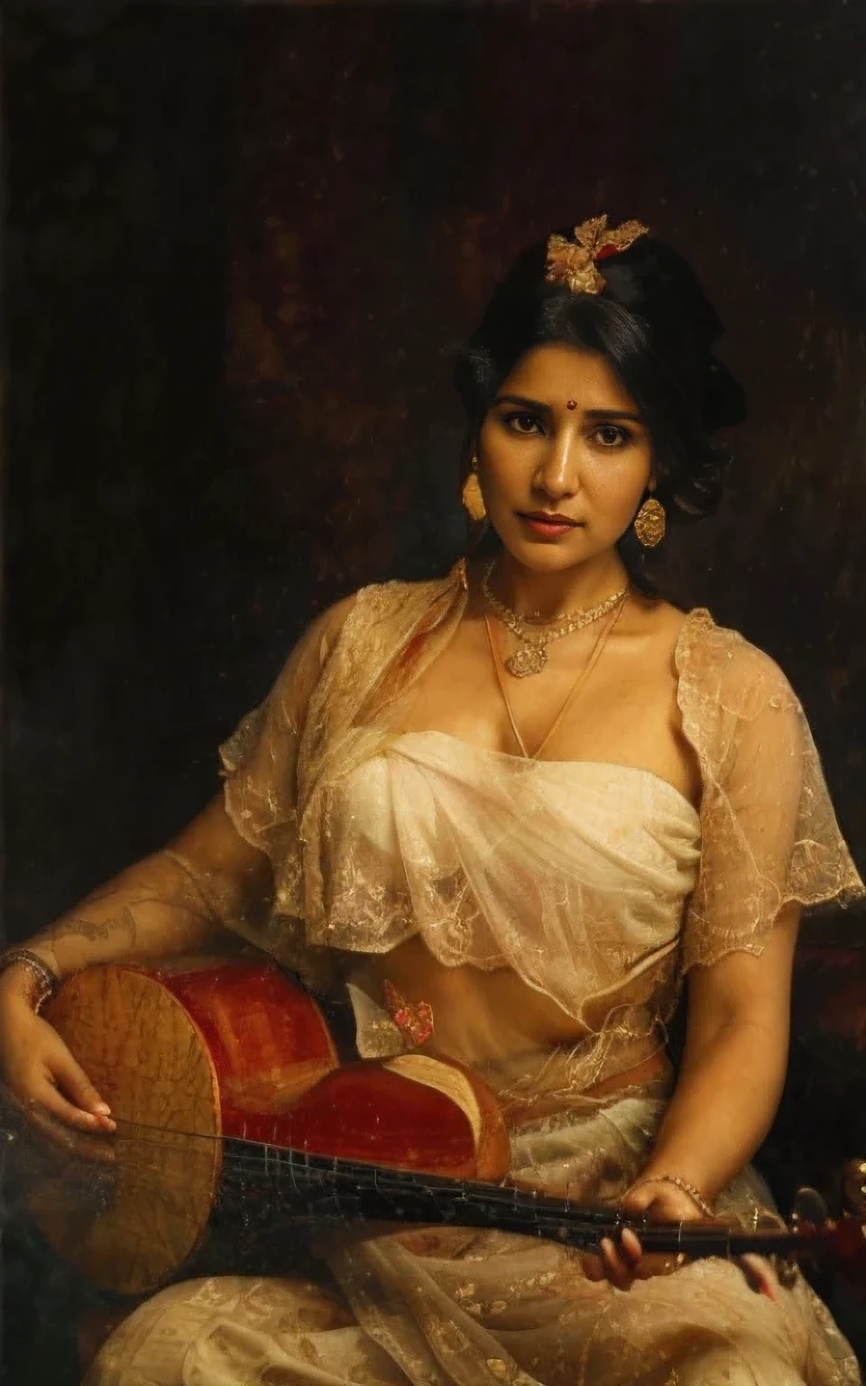 A renaissance full body portrait of middle aged Indian Woman playing Veena, Sitar, detailed skin, topless with a dark room background, ((sensual erotica)), (White Transperant Saree), nipples seen in See through saree, (lusty expression), detailed cleavages, ((detailed Indian string Musical Instrument Swarbat)), (detailed beautiful face and eyes:1.3), (perfectly drawn fingers), (in the style of renaissance painting by Raja Ravi Varma), Hallo in the back, detailed outline of , Highly detailed, Intricate, Sharp focus, detailed pussy, art by greg rutkowski, Raphael, Beautifully lit, oil painting aesthetic, Deep big cleavages, joseph ducreux, oil on canvas portrait, hyper realistic, portrait photo by agnes cecile, Perfectly drawn fingers, detailed revealing breasts, Renaissance portrait, fine art, 4K UHD, wearing revealing clothes, high contrasts, (Vintage Portrait)