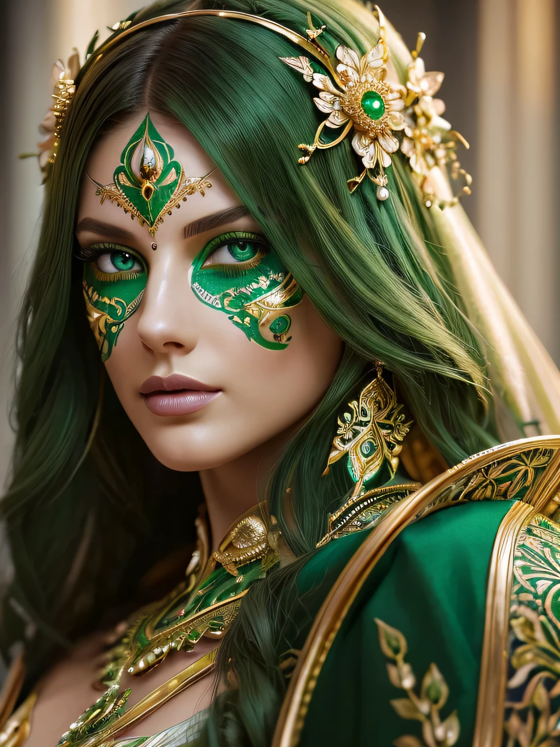 beautiful highly detailed image, beyond realistic image, 32k Resolution, of the most beautiful women in the world, wearing the most beautiful dress, symmetrical beautiful highly detailed face, beautiful highly detailed hands, highly detailed dress, ultra realistic, beautiful highly detailed green eyes, perfect lips,, (symmetry:1.1) (portrait of floral:1.05) a woman as a beautiful goddess, (assassins creed style:0.8), green and gold and opal color scheme, beautiful intricate filegrid facepaint, intricate, elegant, highly detailed, digital painting, artstation, concept art, smooth, sharp focus, illustration, art by greg rutkowski and alphonse mucha, 8k