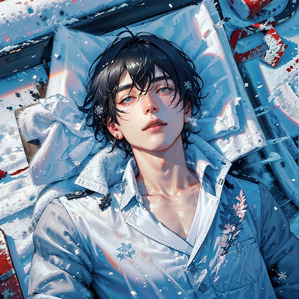 a black hair men lays on snow field with การแสดงออกทางสีหน้าที่ไม่เป็นพี่น้องกัน, (การแสดงออกทางสีหน้าที่ไม่เป็นพี่น้องกัน), (ปิดตาครึ่ง), สวมหมวกทหาร, ชุดทหารเท่ๆ, ท้องฟ้าหิมะ, ท้องฟ้าหิมะตก, เลือดบนทุ่งหิมะ, แสงภาพยนตร์, ท้องฟ้าสูงในโรงภาพยนตร์, ผู้ชายที่งดงาม, ผู้ชายหล่อ, ดวงตาที่มีรายละเอียด, นอนอยู่บนทุ่งหิมะ, มองดูท้องฟ้า, ผลงานชิ้นเอก, คุณภาพดีที่สุด, รายละเอียด scenery, ฤดูหนาว, รายละเอียด(แสงและเงา), ทหารสมัยใหม่, (นอนอยู่บนทุ่งหิมะอย่างสมบูรณ์), (เขากำลังนอนอยู่บนหิมะ), (มองดูท้องฟ้า), (he มองดูท้องฟ้า), (มุมมองโดรน), (วิวทางอากาศ), (1ผู้ชาย), (ผู้ชายเท่านั้น), พักผ่อนบนหิมะ, หนาวจัด, อดีต, เกล็ดหิมะ, ควันหิมะ, หนาวจัด, หิมะกำลังตก 