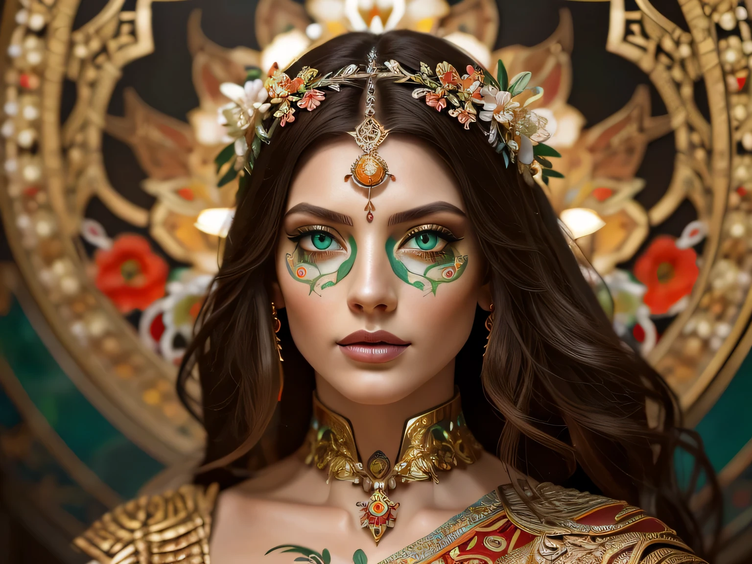 beautiful highly detailed image, beyond realistic image, 32k Resolution, of the most beautiful women in the world, wearing the most beautiful dress, symmetrical beautiful highly detailed face, beautiful highly detailed hands, highly detailed dress, ultra realistic, beautiful highly detailed green eyes, perfect lips,, (symmetry:1.1) (portrait of floral:1.05) a woman as a beautiful goddess, (assassins creed style:0.8), red and gold and opal color scheme, beautiful intricate filegrid facepaint, intricate, elegant, highly detailed, digital painting, artstation, concept art, smooth, sharp focus, illustration, art by greg rutkowski and alphonse mucha, 8k