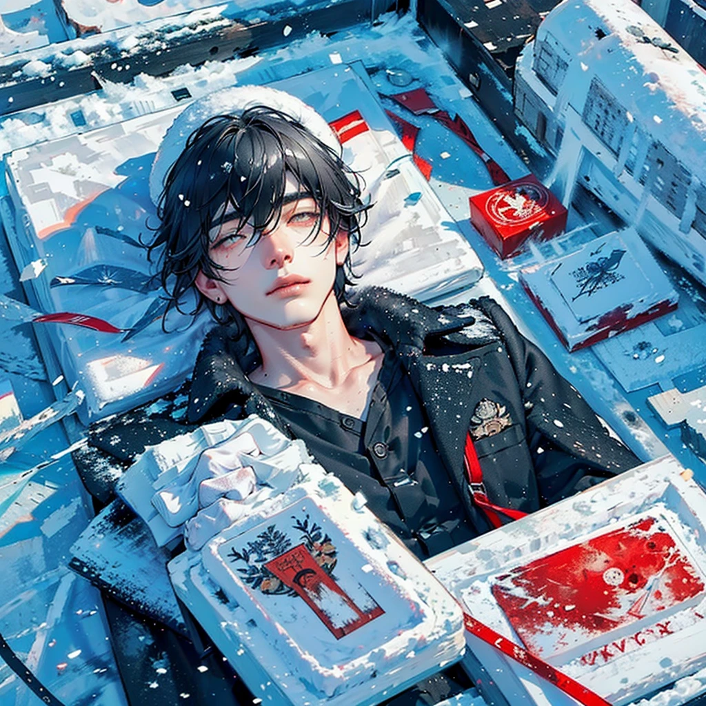 a black hair men lays on snow field with unbrothered facial expression, (unbrothered facial expression), (half-closed eyes), wear soldier hat, cool soldier uniform, snow sky, snowing sky, blood on snow field, cinematic lighting, cinematic high sky, magnificent men, handsome men, detail eyes, laying down on snow field, looks at the sky, masterpiece, best quality, detailed scenery, winter, detailed(light and shadow), modern soldier, (completely laying on snowfield), (he is laying down on snow), (look at the sky), (he looks at the sky), (Drone view), (Aerial view), (1men), (solo men), resting on snow, frosty, fost, snowflake, snow smoke, frosty, it's snowing 