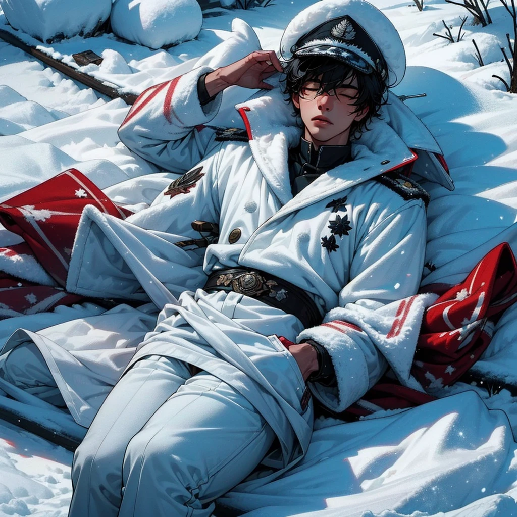 a black hair men lays on snow field with unbrothered facial expression, (unbrothered facial expression), (half-closed eyes), wear soldier hat, cool soldier uniform, snow sky, snowing sky, blood on snow field, cinematic lighting, cinematic high sky, magnificent men, handsome men, detail eyes, laying down on snow field, looks at the sky, masterpiece, best quality, detailed scenery, winter, detailed(light and shadow), modern soldier, (completely laying on snowfield), (he is laying down on snow), (look at the sky), (he looks at the sky), (Drone view), (Aerial view), (1men), (solo men), resting on snow, frosty, fost, snowflake, snow smoke, frosty, it's snowing 