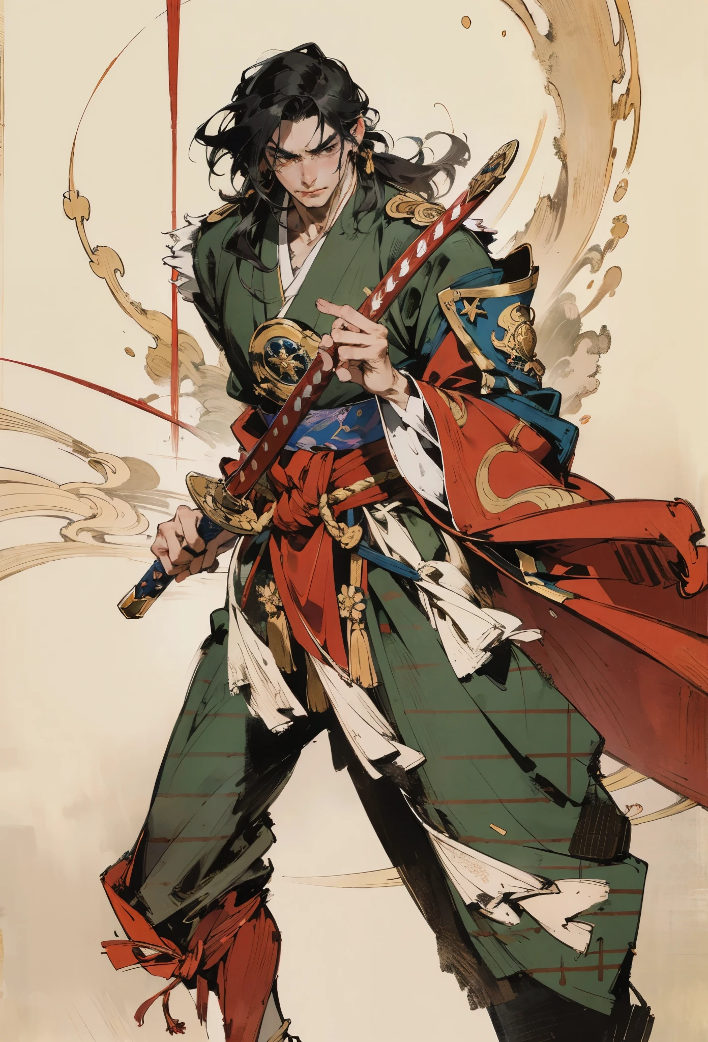 An adult man with long black hair, white-highlighted middle part bangs, thick wavy eyebrows, sharp almond-shaped eyes, well-defined features, a dignified expression, a black and white tight-fitting coat in a fantasy martial arts style, flowing wide sleeves, a cloth belt around the waist, loose fabric trousers, he holds a long sword placed in front of him, while the other hand lightly wipes the blade, the backdrop is a fantasy martial arts-style training ground, this character embodies a finely crafted fantasy martial arts-style swordsman in anime style, exquisite and mature manga art style, high definition, best quality, highres, ultra-detailed, ultra-fine painting, extremely delicate, professional, perfect body proportions, golden ratio, anatomically correct, symmetrical face, extremely detailed eyes and face, high quality eyes, creativity, RAW photo, UHD, 32k, Natural light, cinematic lighting, masterpiece-anatomy-perfect, masterpiece:1.5